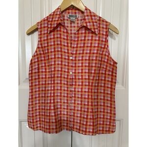 Bobbie Bee Women's Top 8 Red Plaid Silk Casual Picnic Classic Spring Fall Beach